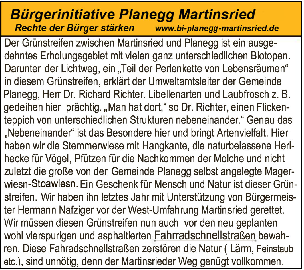 Vierspurige asphaltierte Fahrradschnellstraßen gefährden die Biotope zwischen Planegg und Martinsried