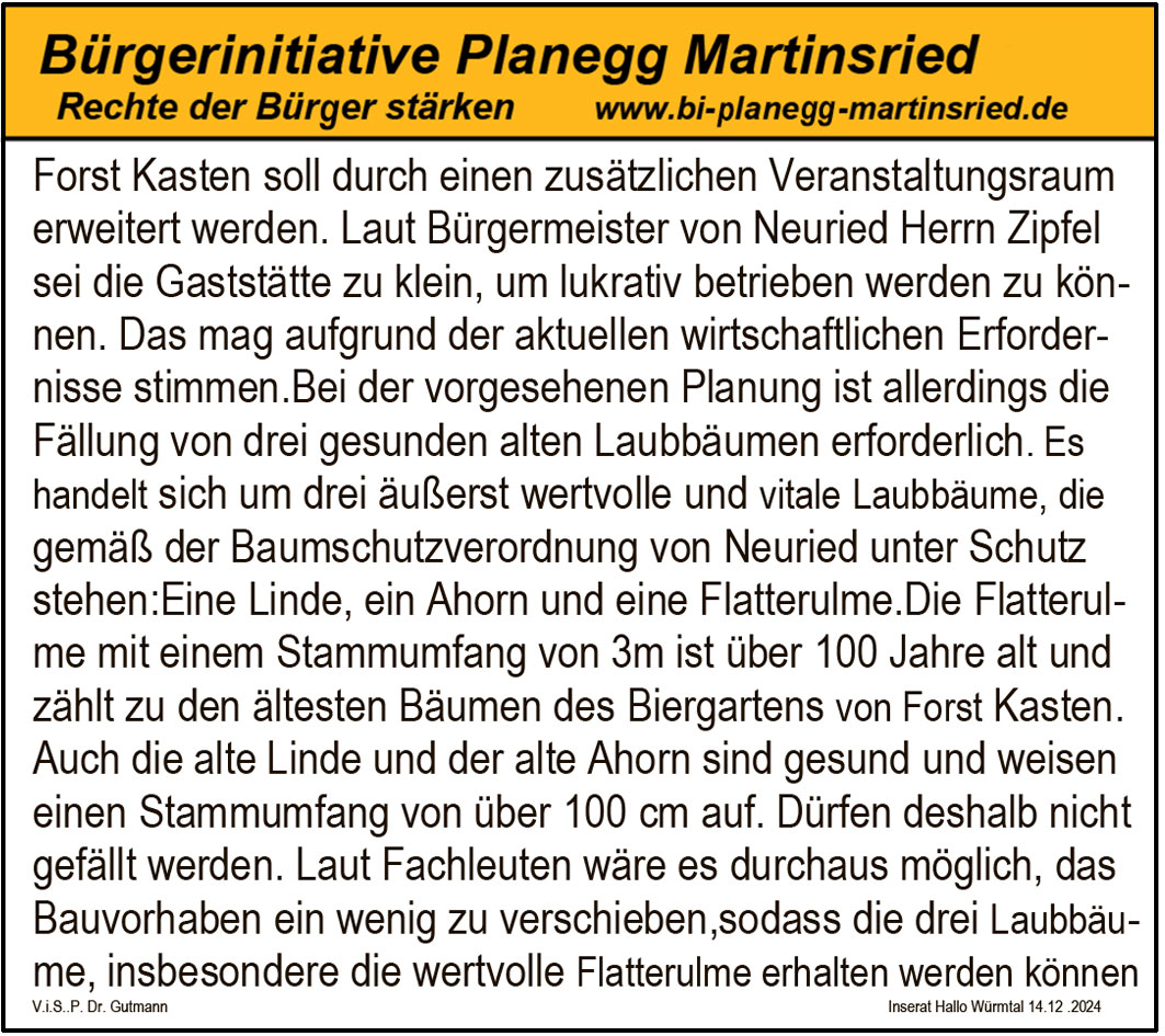 Forst Kasten soll durch einen zusätzlichen Veranstaltungsraum erweitert werden. Laut Bürgermeister von Neuried Herrn Zipfel sei die Gaststätte zu klein, um lukrativ betrieben werden zu kön-nen. Das mag aufgrund der aktuellen wirtschaftlichen Erfordernisse stimmen.Bei der vorgesehenen Planung ist allerdings die Fällung von drei gesunden alten Laubbäumen erforderlich. Es handelt sich um drei äußerst wertvolle und vitale Laubbäume, die gemäß der Baumschutzverordnung von Neuried unter Schutz stehen:Eine Linde, ein Ahorn und eine Flatterulme. Die Flatterul-me mit einem Stammumfang von 3m ist über 100 Jahre alt und zählt zu den ältesten Bäumen des Biergartens von Forst Kasten.
Auch die alte Linde und der alte Ahorn sind gesund und weisen einen Stammumfang von über 100 cm auf. Dürfen deshalb nicht gefällt werden. Laut Fachleuten wäre es durchaus möglich, das Bauvorhaben ein wenig zu verschieben,sodass die drei Laubbäu me,insbesondere die wertvolle Flatterulme erhalten werden können