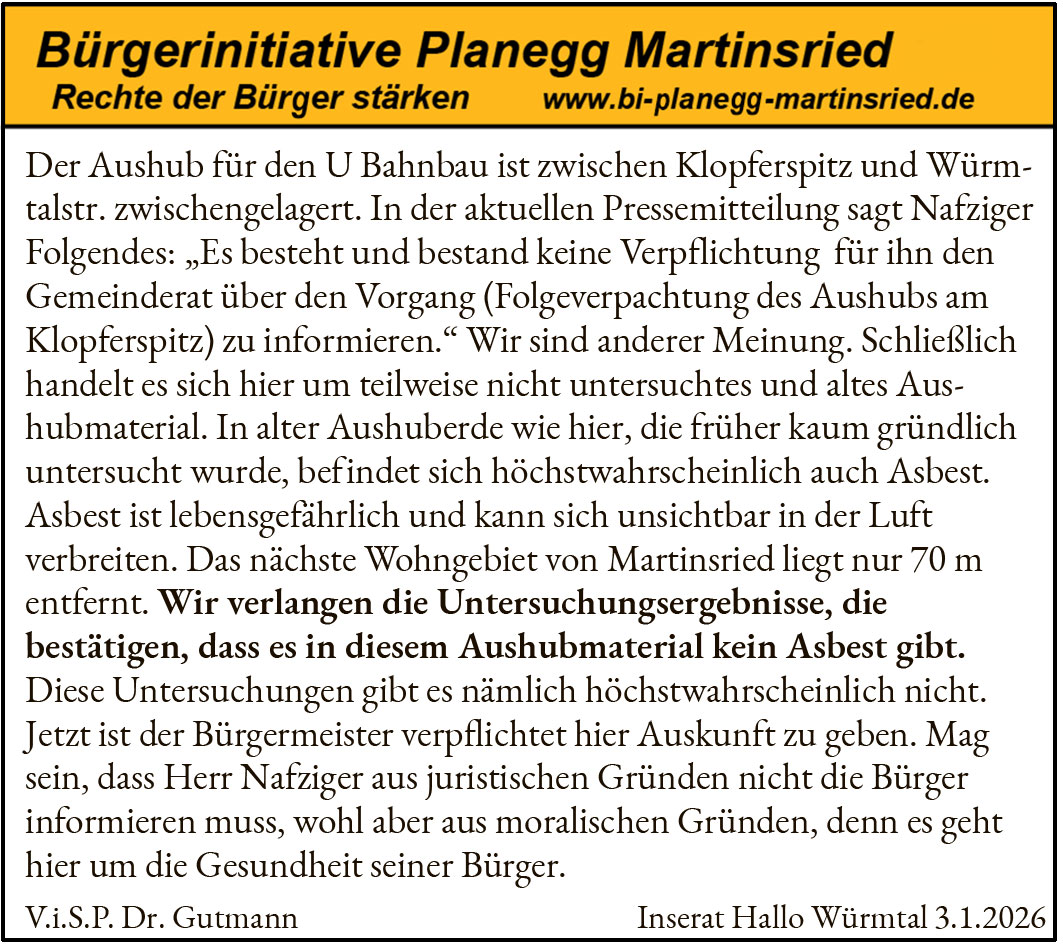 Frohe Weihnachten und ein gesundes Neues Jahr
Das w&uuml;nschen wir allen, die uns im Kampf f&uuml;r die Umwelt im W&uuml;rmtal unterst&uuml;tzt haben und wohl auch weiterhin unterst&uuml;tzen werden.
Das w&uuml;nschen wir auch von Herzen allen W&uuml;rmtaler B&uuml;rgermeistern und Gemeinder&auml;ten Es ist nun mal so: Nur gemeinsam sind wir stark.
Mit den besten W&uuml;nschen
Ihre Dr. Barbara Gutmann
